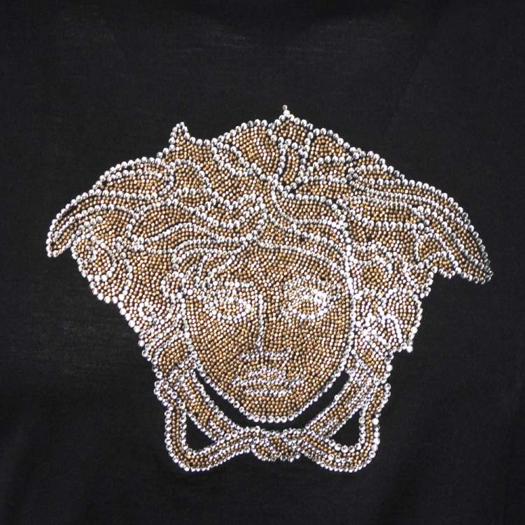 Pre Owned Versace Black Cotton Knit Embellished Medusa Head Detail T-Shirt S