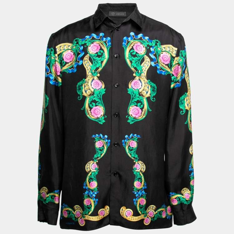 Pre Owned Versace Black Printed Silk Button Front Long Sleeve Shirt XL