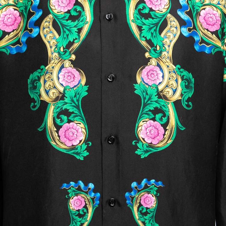 Pre Owned Versace Black Printed Silk Button Front Long Sleeve Shirt XL