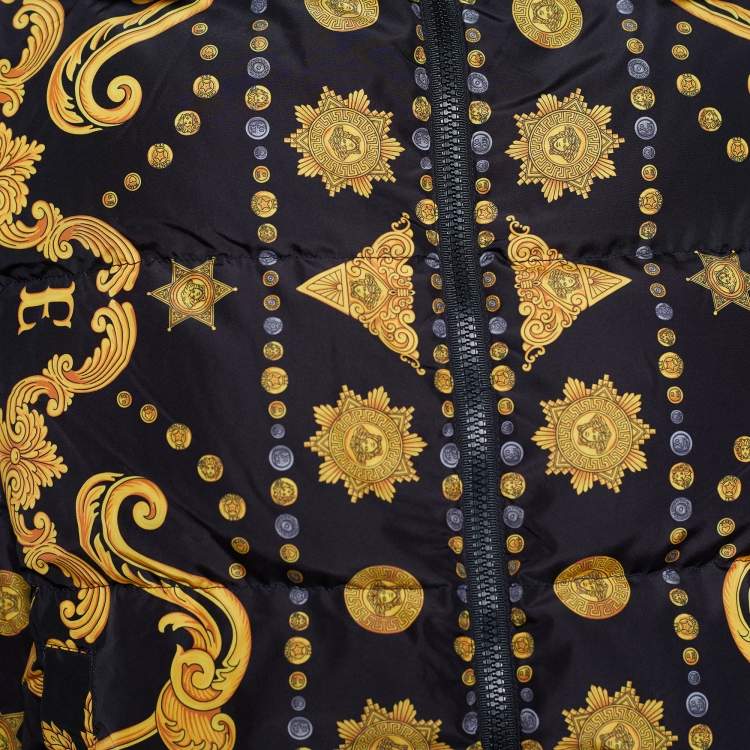 Pre Owned Versace Black & Gold Baroque Print Puffer Down Jacket XL