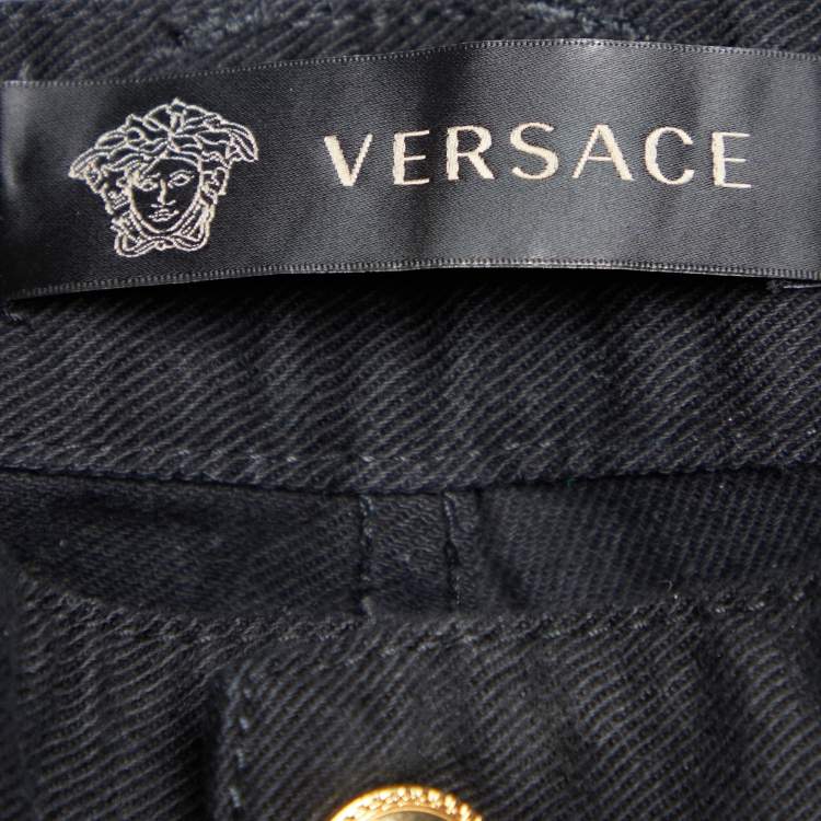 Pre Owned Versace Black Denim Medusa Detail Slim Fit Jeans L Waist 35"