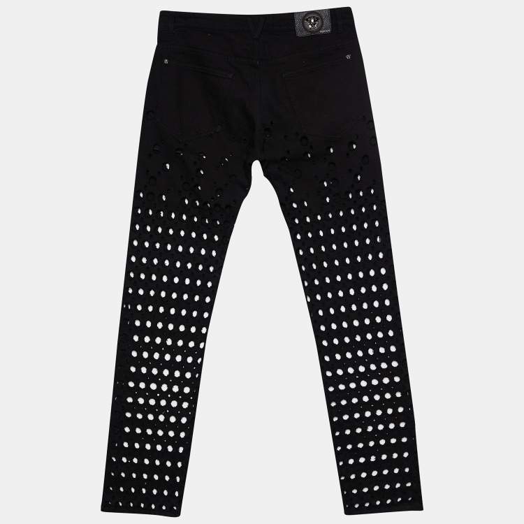 Pre Owned Versace Black Denim Perforated Straight Fit Jeans M Waist 34.5"