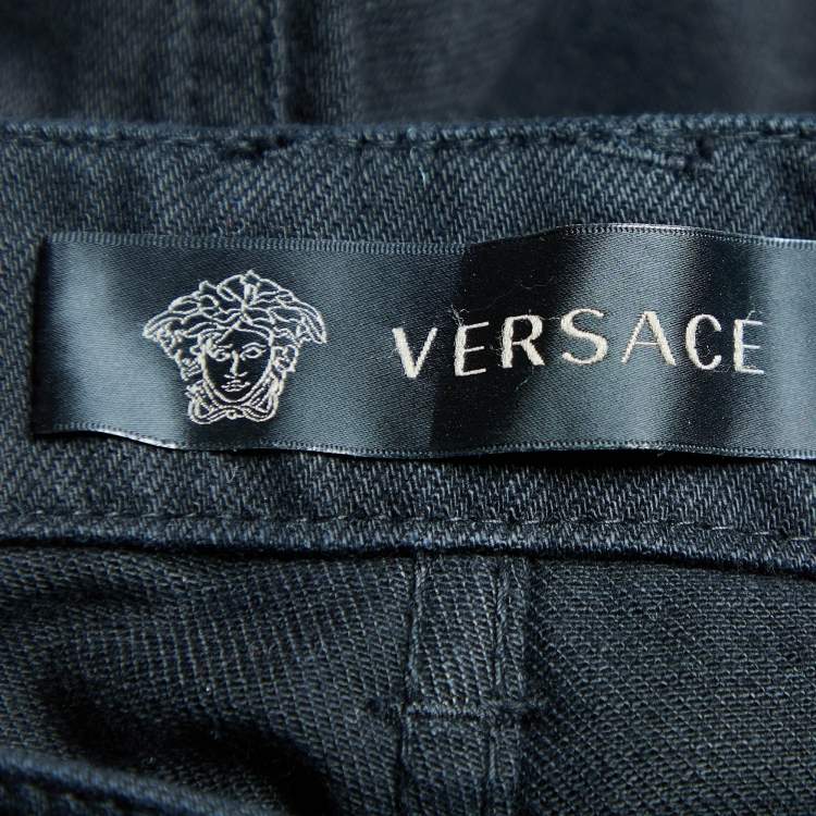Pre Owned Versace Black Denim Perforated Straight Fit Jeans M Waist 34.5"