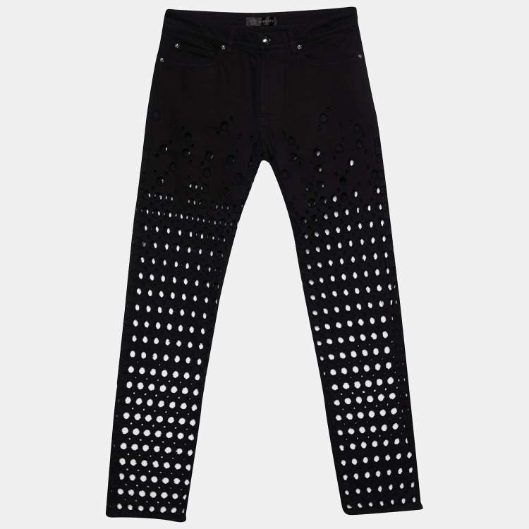 Pre Owned Versace Black Denim Perforated Straight Fit Jeans M Waist 34.5"