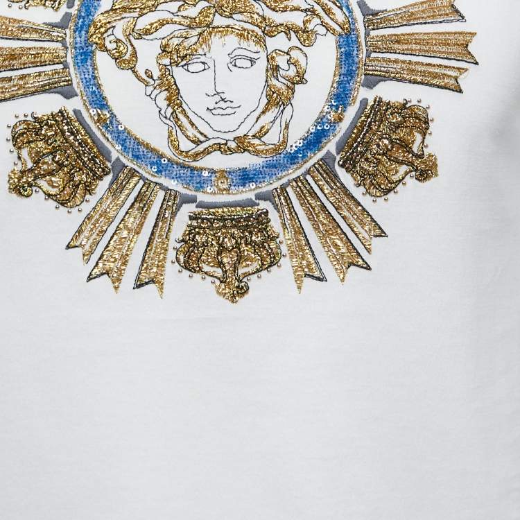 Pre Owned Versace White Cotton Medusa Embellished Short Sleeve T-Shirt S