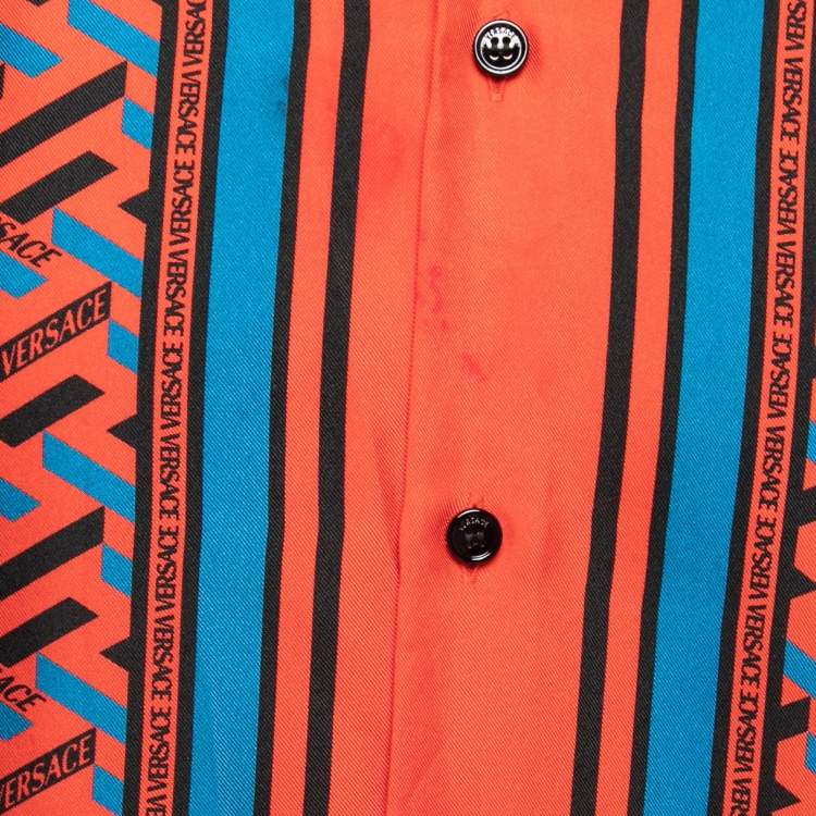 Pre Owned Versace Red/Multicolor La Greca Print Silk Shirt 2XL