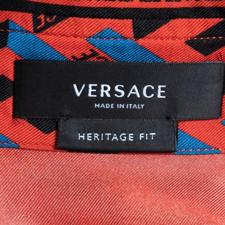 Pre Owned Versace Red/Multicolor La Greca Print Silk Shirt 2XL