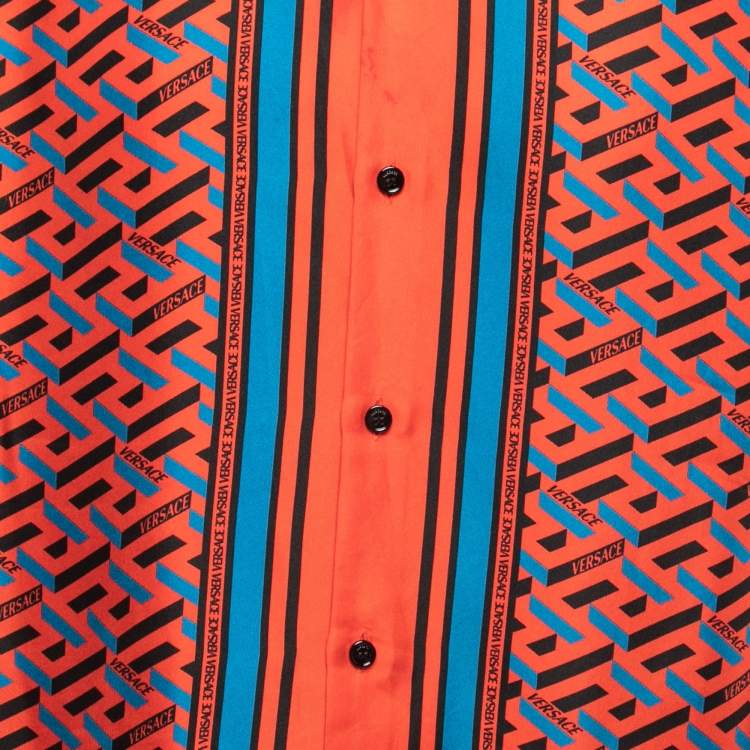 Pre Owned Versace Red/Multicolor La Greca Print Silk Shirt 2XL