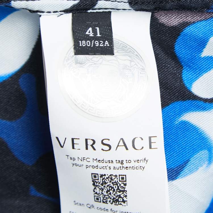 مملوكة مسبقًا  Versace Blue Barocco Print Silk Half Sleeve Americana Fit Shirt L