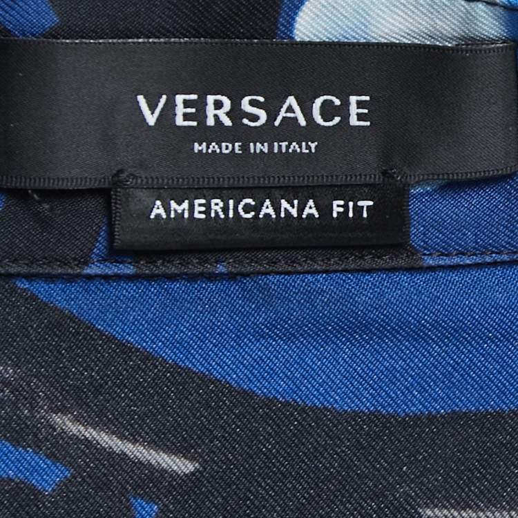 مملوكة مسبقًا  Versace Blue Barocco Print Silk Half Sleeve Americana Fit Shirt L