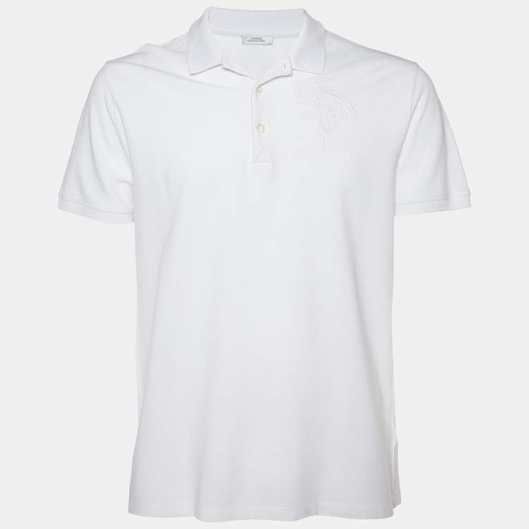 Pre Owned Versace White Tonal Medussa Head Embroidered Cotton Pique Polo T-Shirt XL