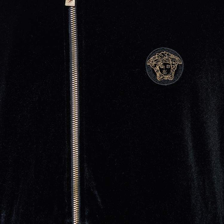 Pre Owned Versace Black Velour Medusa Embroidered Zip Front Jacket L
