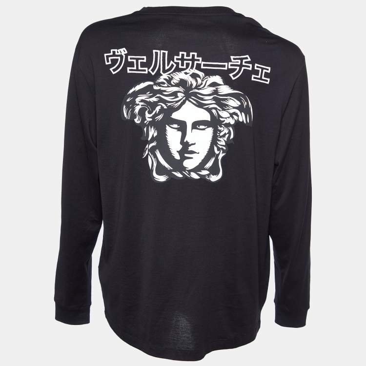 Pre Owned Versace Black Japanese Script Embroidered Cotton Knit Long Sleeve T-Shirt XL
