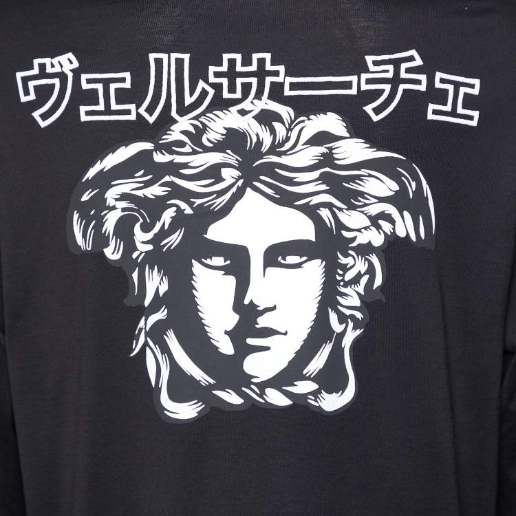 Pre Owned Versace Black Japanese Script Embroidered Cotton Knit Long Sleeve T-Shirt XL