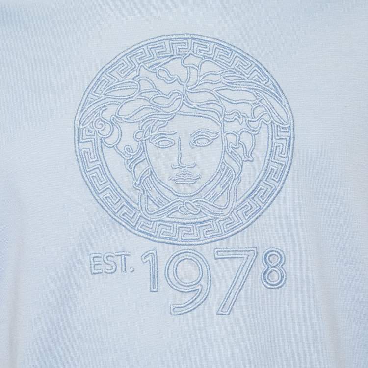 Pre Owned Versace Blue Logo Embroidered Cotton Knit T-Shirt M