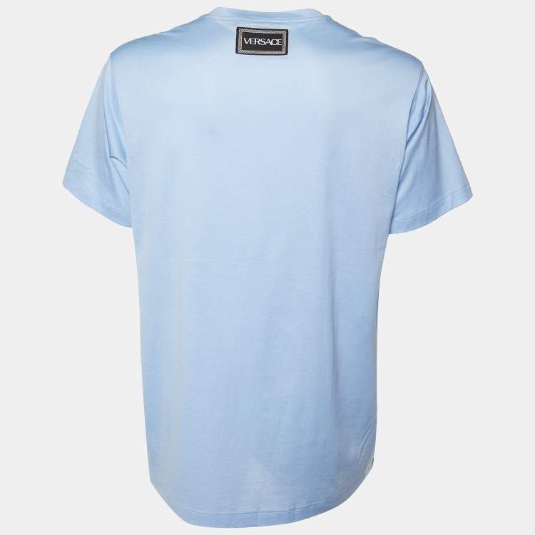 Pre Owned Versace Blue Logo Embroidered Cotton Knit T-Shirt M