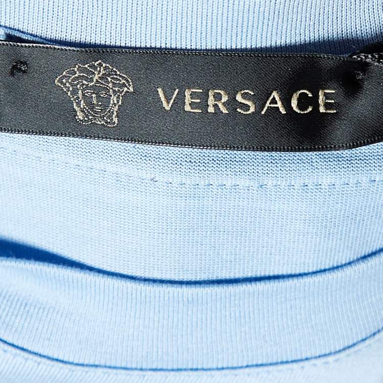 Pre Owned Versace Blue Logo Embroidered Cotton Knit T-Shirt M