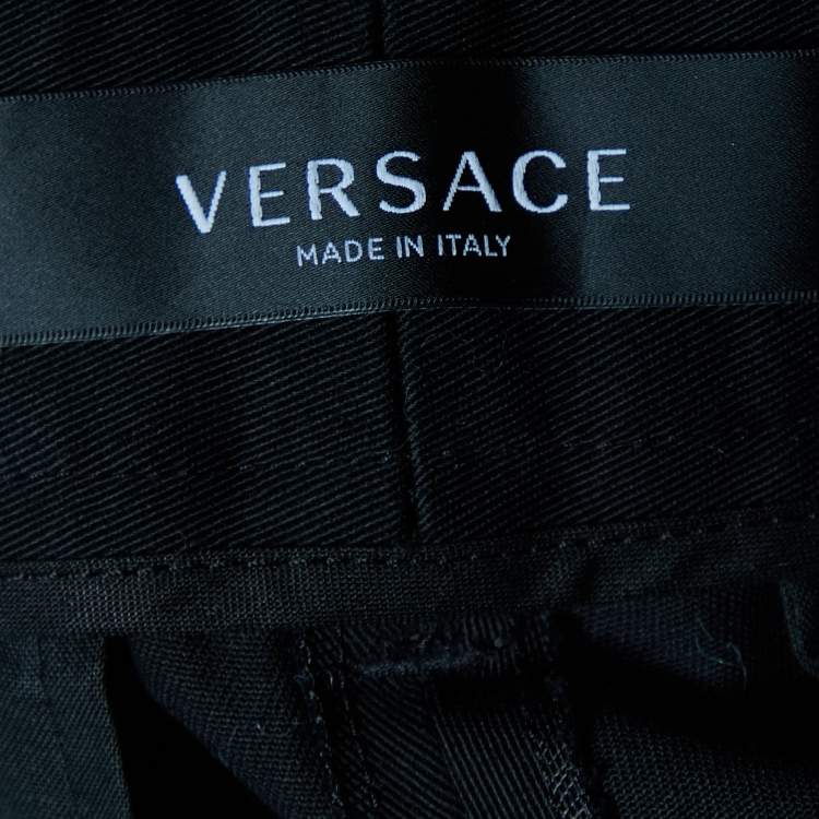 Pre Owned Versace Black Cotton Logo Embroidered Palazzo Fit Pants XL