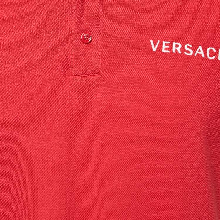 Pre Owned Versace Red Cotton Pique Logo Embroidered Polo T-Shirt XL