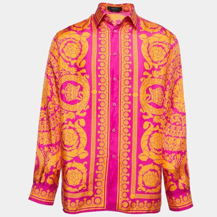 Pre Owned Versace Pink/Orange Baroque Printed Silk Shirt L