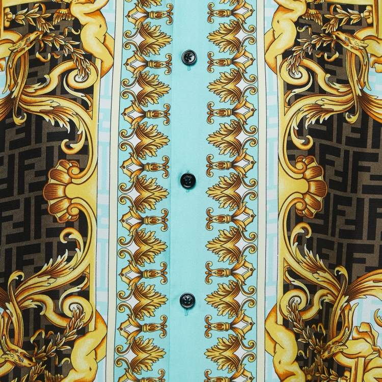 Pre Owned Fendace Blue/Multicolor Monogram Baroque Printed Silk Short Sleeve Shirt XL
