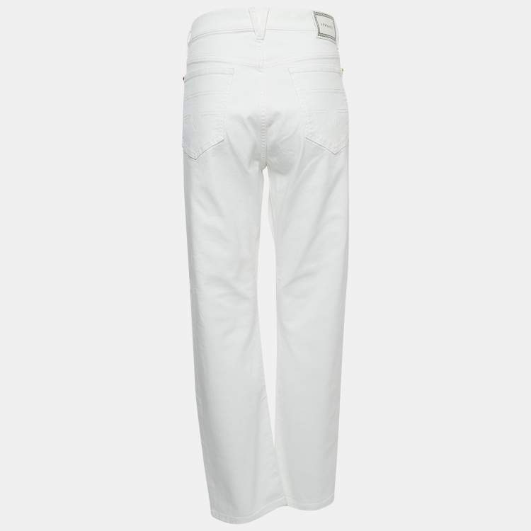 Pre Owned Versace White Denim Medusa Button Detailed Jeans L Waist 34"