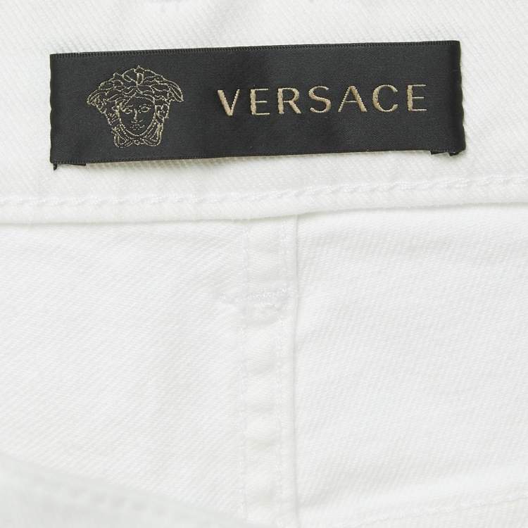 Pre Owned Versace White Denim Medusa Button Detailed Jeans L Waist 34"