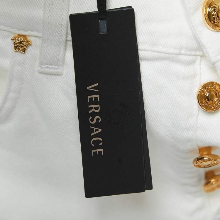 Pre Owned Versace White Denim Medusa Button Detailed Jeans L Waist 34"