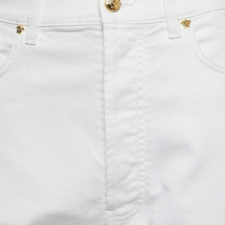 Pre Owned Versace White Denim Medusa Button Detailed Jeans L Waist 34"