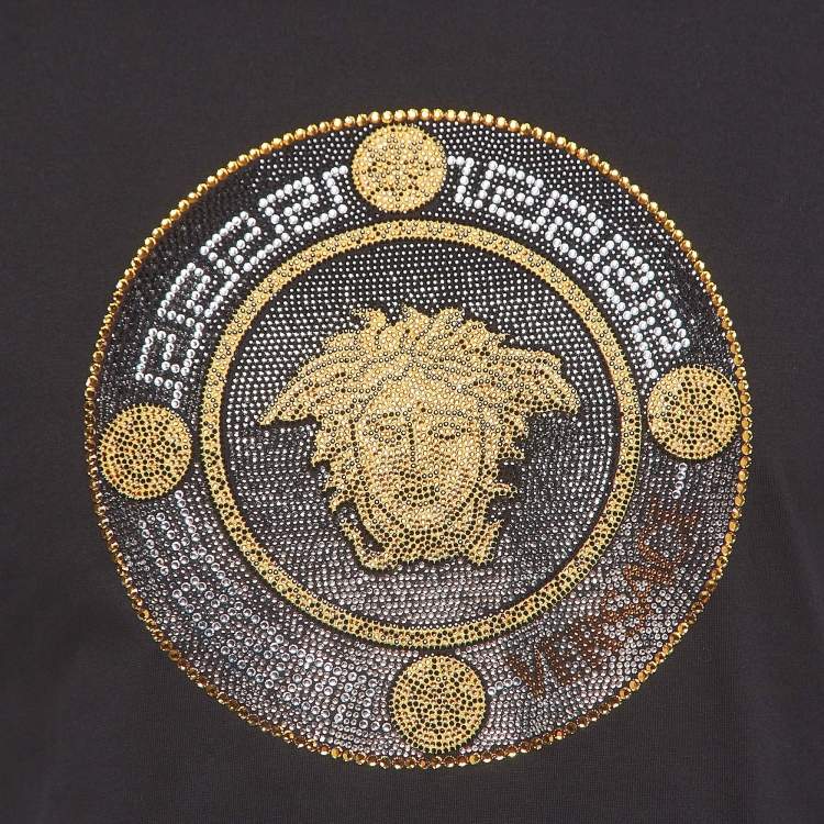 Pre Owned Versace Black Cotton Embellished Medusa Logo T-Shirt M