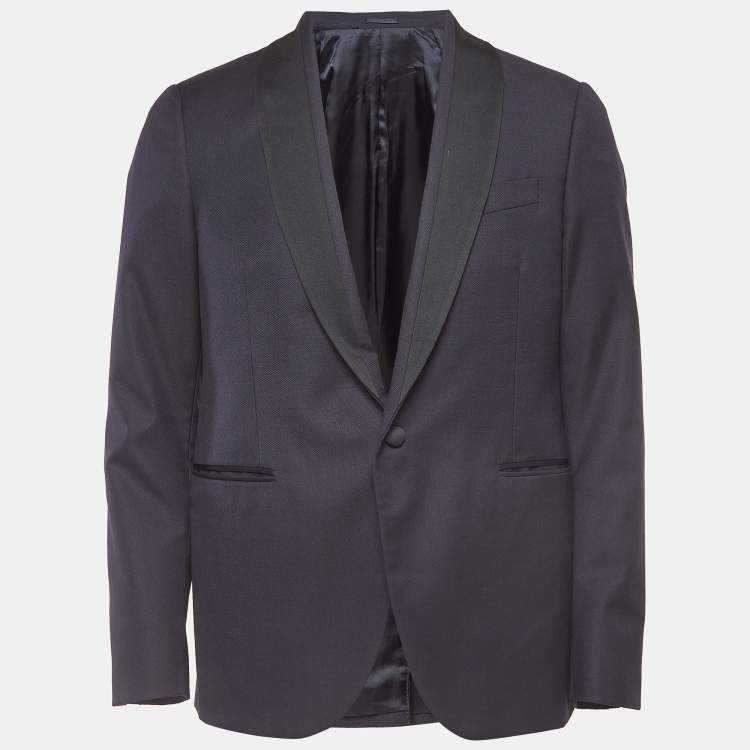 Pre Owned Versace Navy Blue Satin Trim Satin Wool Single Breasted Blazer L