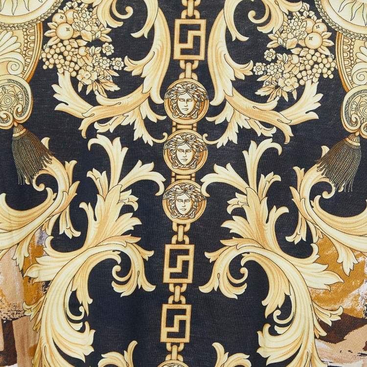 Pre Owned Versace Yellow/Black Baroque Print Cotton Crew Neck T-Shirt M