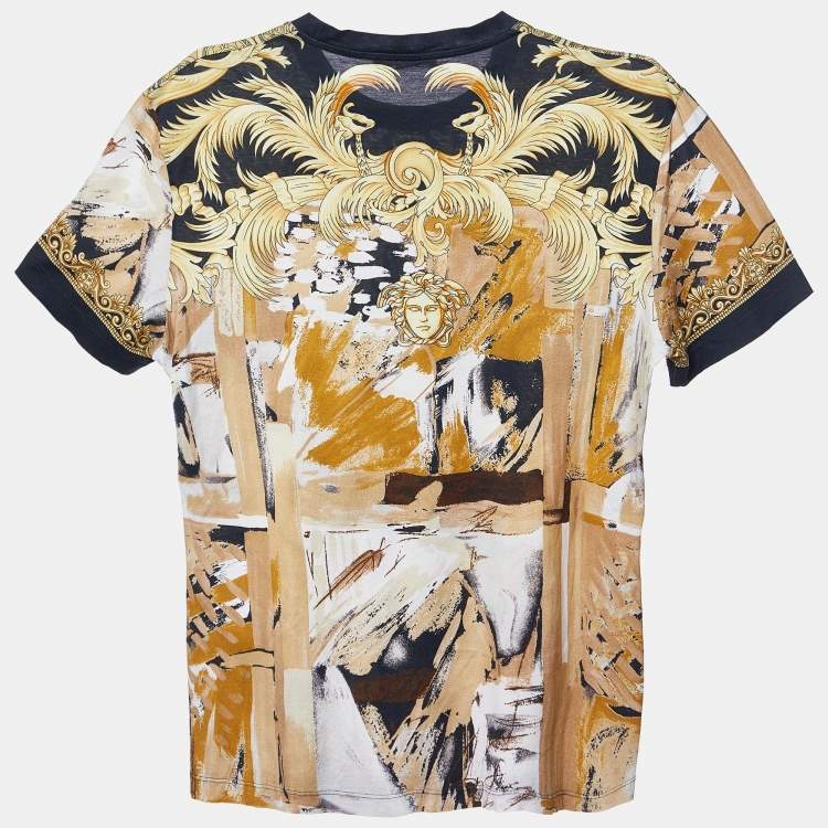 Pre Owned Versace Yellow/Black Baroque Print Cotton Crew Neck T-Shirt M