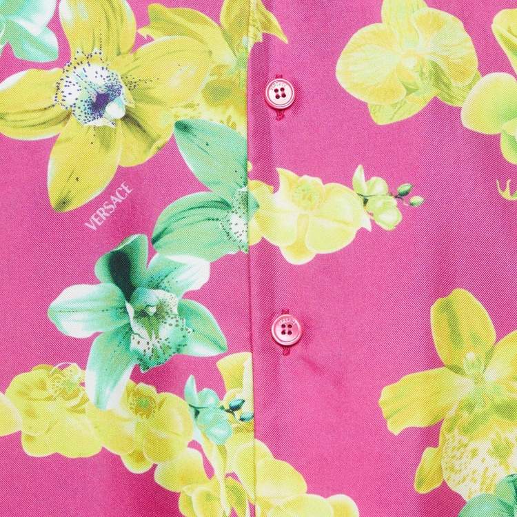 Pre Owned Versace Pink Orchid Print Silk American Fit Shirt L
