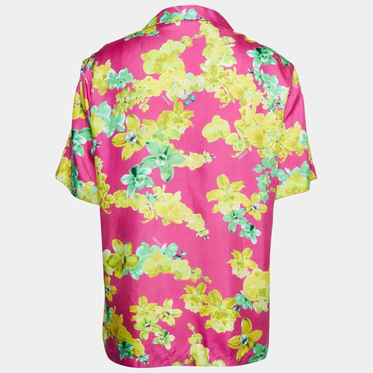 Pre Owned Versace Pink Orchid Print Silk American Fit Shirt L