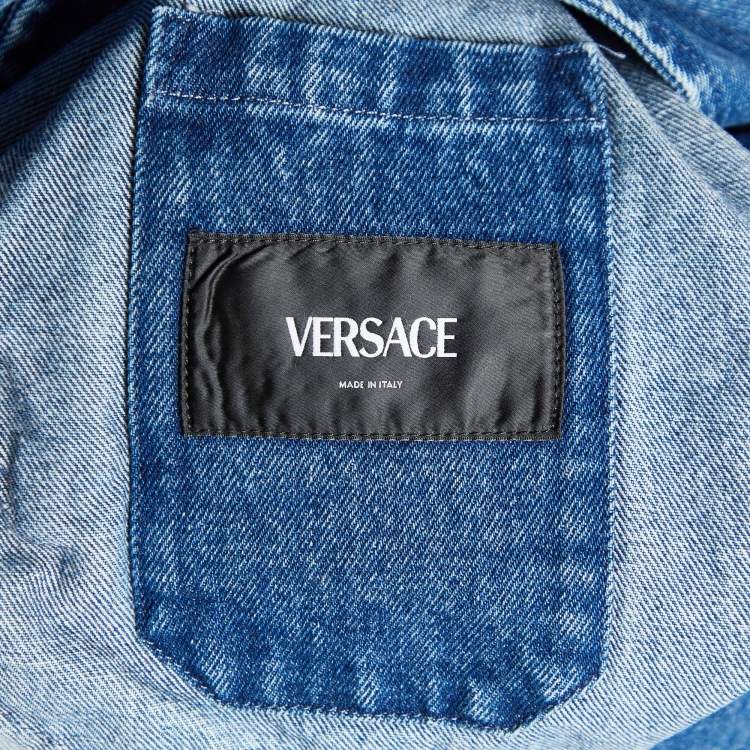Pre Owned Versace Blue Denim Logo Patch Button Front Coat M
