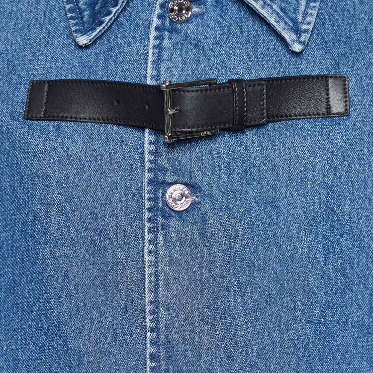 Pre Owned Versace Blue Denim Logo Patch Button Front Coat M