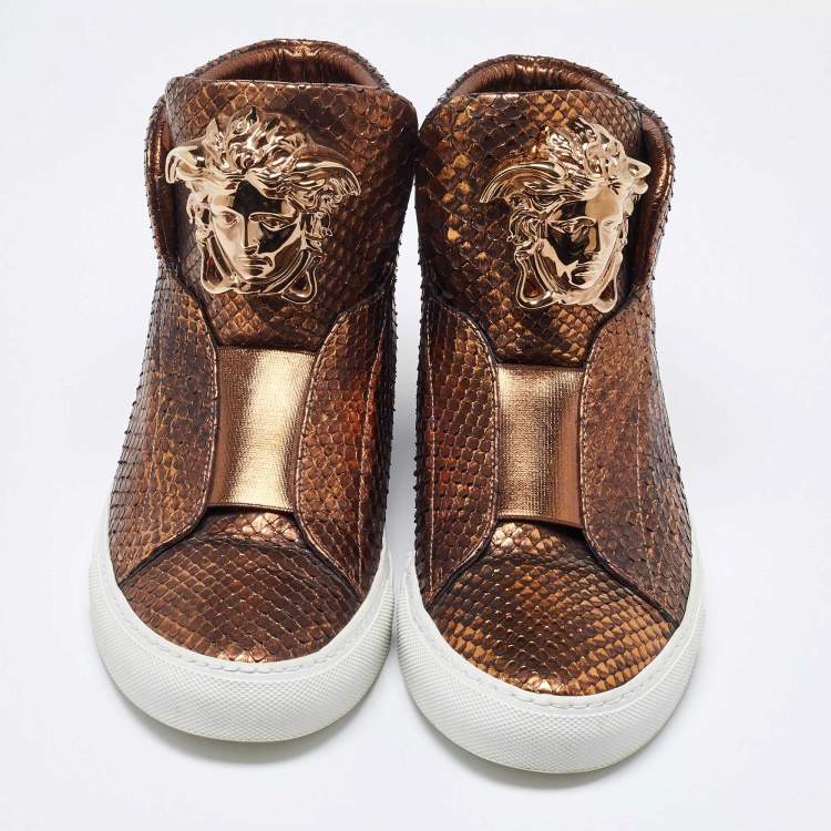 Pre Owned Versace Bronze Python Medusa Palazzo Slip On High Top Sneakers Size 41