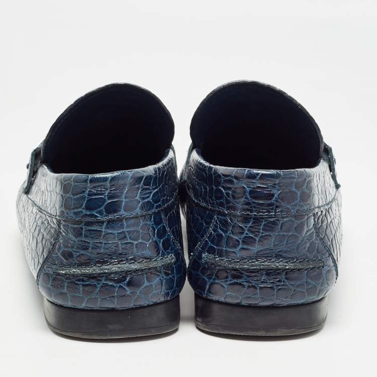 Pre Owned Versace Navy Blue Embossed Croc Medusa Buckle Loafers Size 42