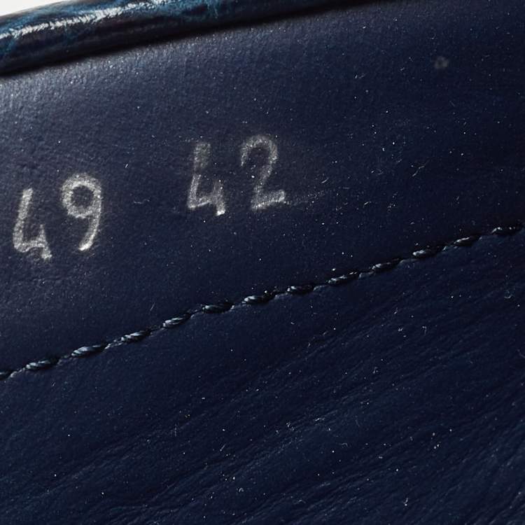 Pre Owned Versace Navy Blue Embossed Croc Medusa Buckle Loafers Size 42