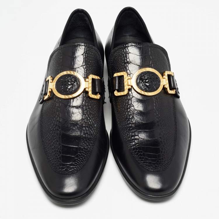 Pre Owned Versace Black Croc Embossed Medusa City Loafers Size 43