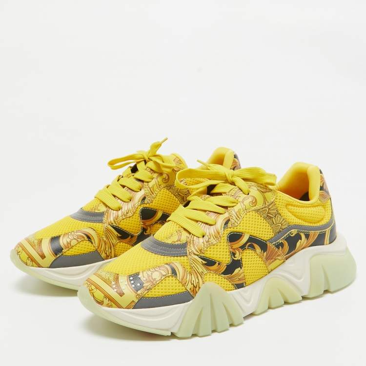 Pre Owned Versace Yellow Leather and Mesh Squalo Lace Up Sneakers 41