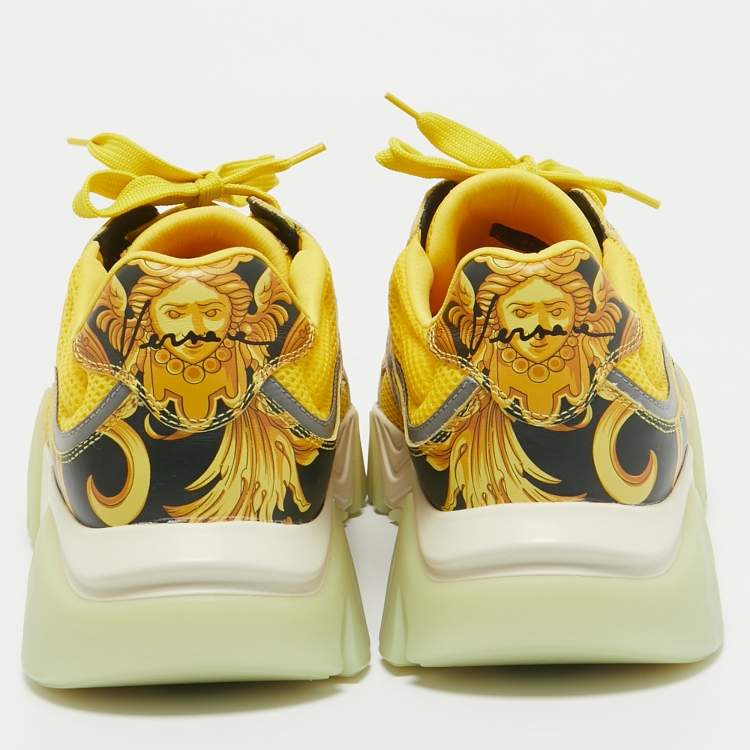 Pre Owned Versace Yellow Leather and Mesh Squalo Lace Up Sneakers 41