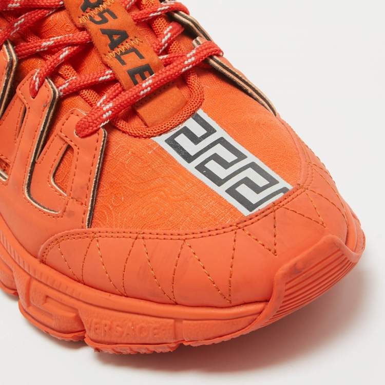 Pre Owned Versace Orange Canvas and Leather Trigreca Lace Up Sneakers Size 42