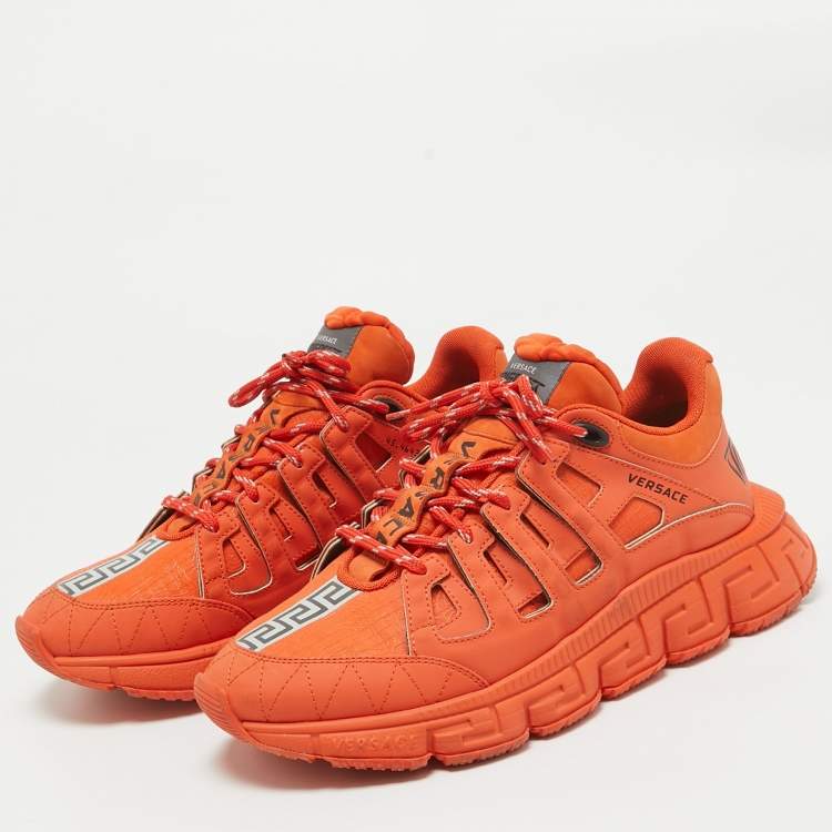 Pre Owned Versace Orange Canvas and Leather Trigreca Lace Up Sneakers Size 42