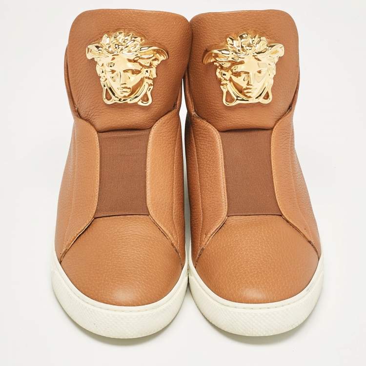 Pre Owned Versace Brown Leather Palazzo Medusa High Top Sneakers Size 44