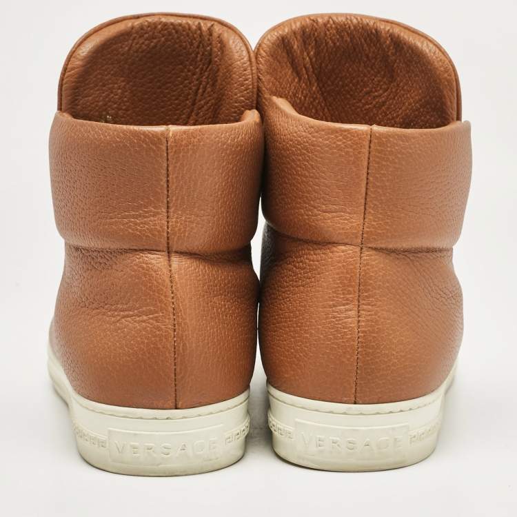 Pre Owned Versace Brown Leather Palazzo Medusa High Top Sneakers Size 44