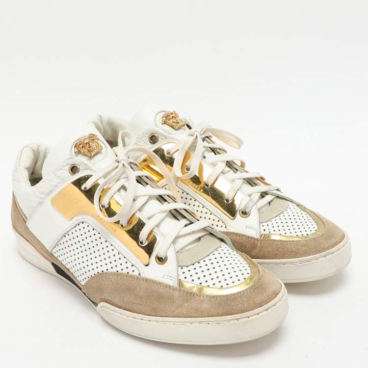 Pre Owned Versace White/Beige Leather and Suede Medusa Low Top Sneakers 43