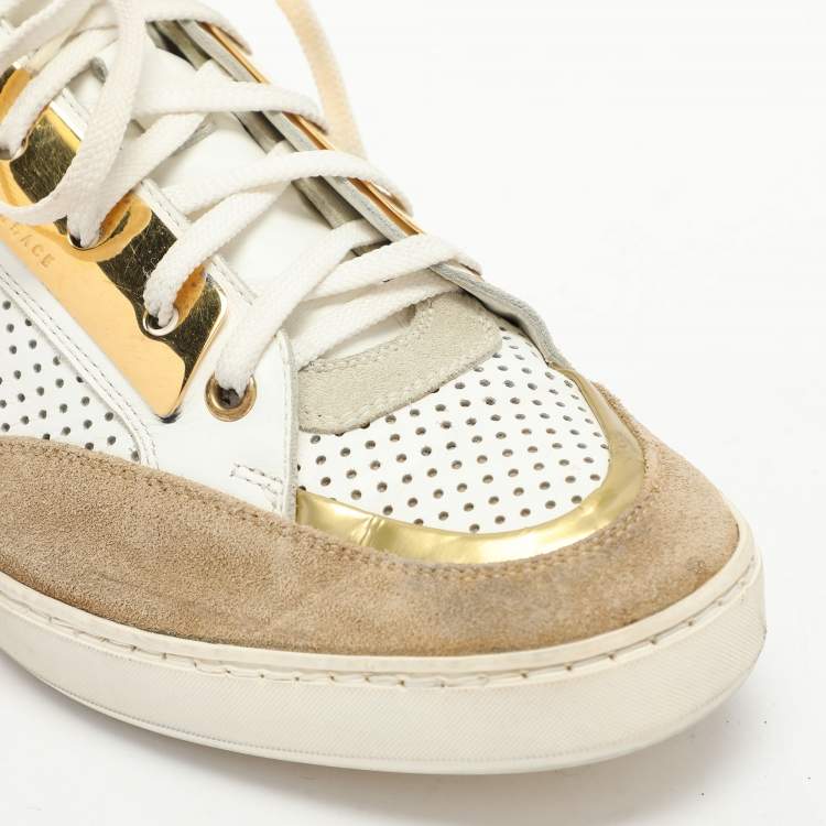 Pre Owned Versace White/Beige Leather and Suede Medusa Low Top Sneakers 43