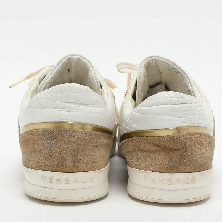 Pre Owned Versace White/Beige Leather and Suede Medusa Low Top Sneakers 43